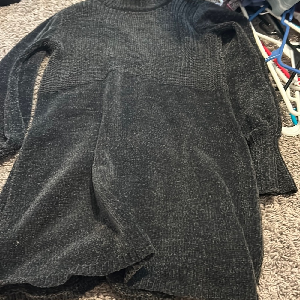 Women knit grey sweater dress.